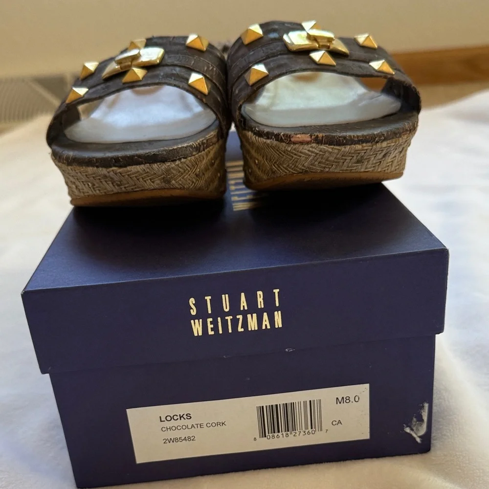 Stuart Weitzman Chocolate Cork Wedge Slide Sandals with Gold Studs - Picture 6 of 6